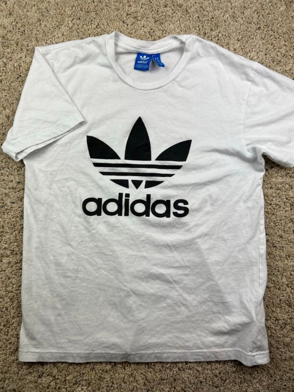 Adidas Mens Medium Graphic T-Shirt White Black Spell Out Cotton Trefoil Logo